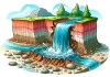 A cartoon illustration showing the moment a waterfall is formed. The scene shows a river that has eroded the soft rock
