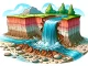 A cartoon illustration showing the moment a waterfall is formed. The scene shows a river that has eroded the soft rock
